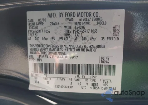 2010 Ford Explorer Eddie Bauer из США, поврежденный, VIN 1FMEU7EE4AUA69917